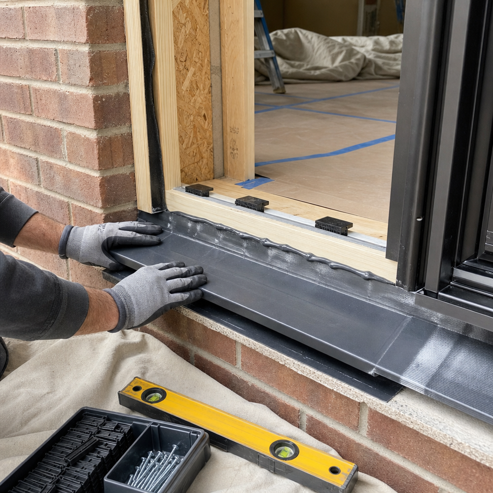 Installer applying flexible sill pan flashing and sealant to a patio door rough opening in a brick veneer wall