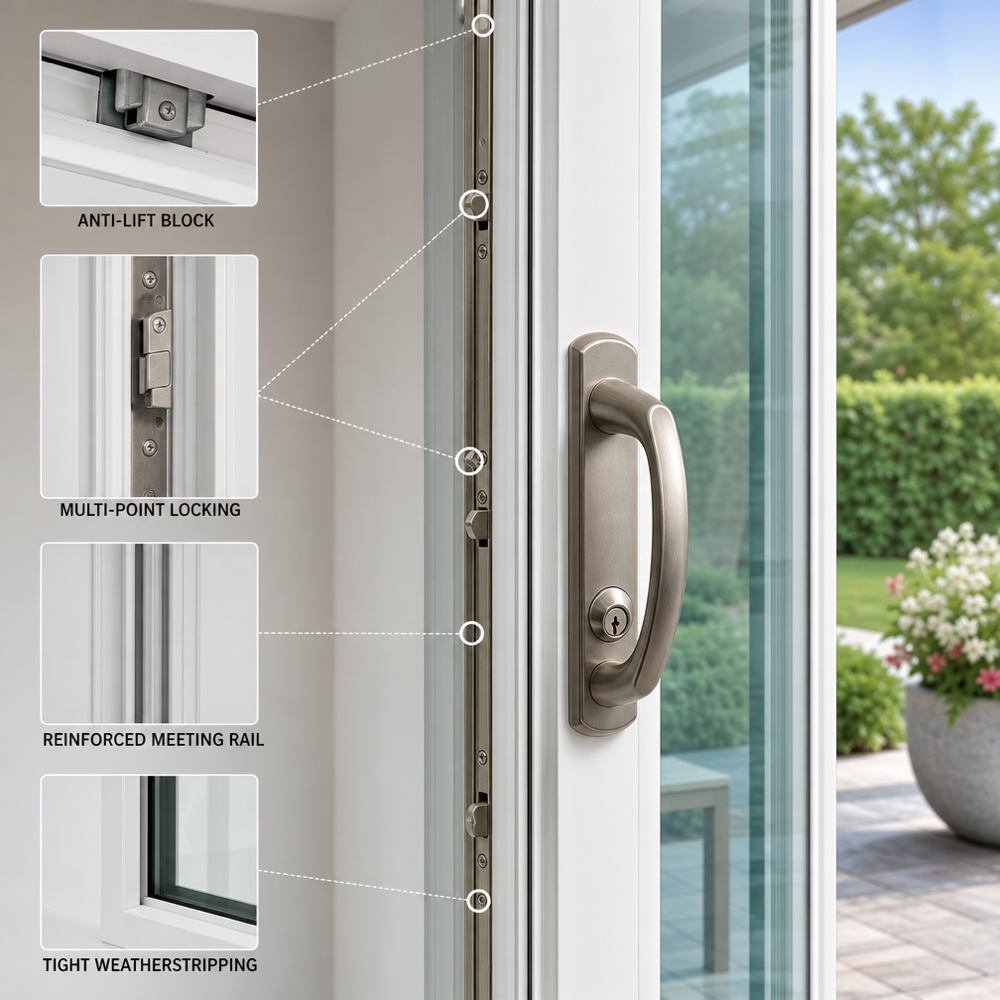 Close-up of a brushed-nickel multi-point locking handle on a sliding glass door with reinforced meeting rail and anti‑lift block