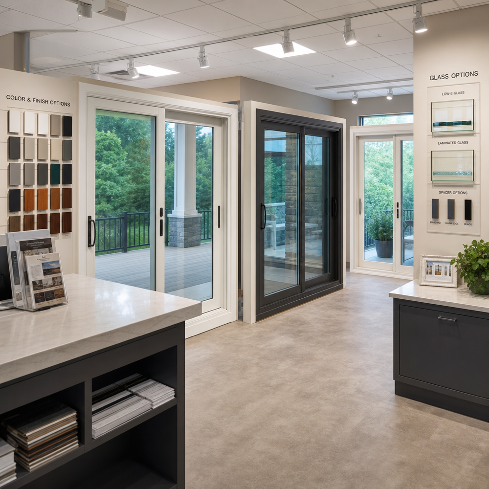 Sliding patio door showroom display with working door units, Low‑E glass samples, and color finish swatch racks