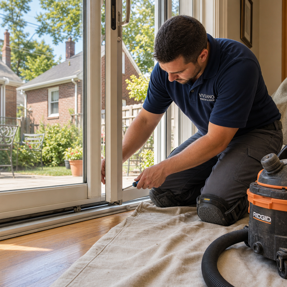 Viviano Window & Door technician adjusting sliding glass door rollers on a patio slider in a St. Louis home