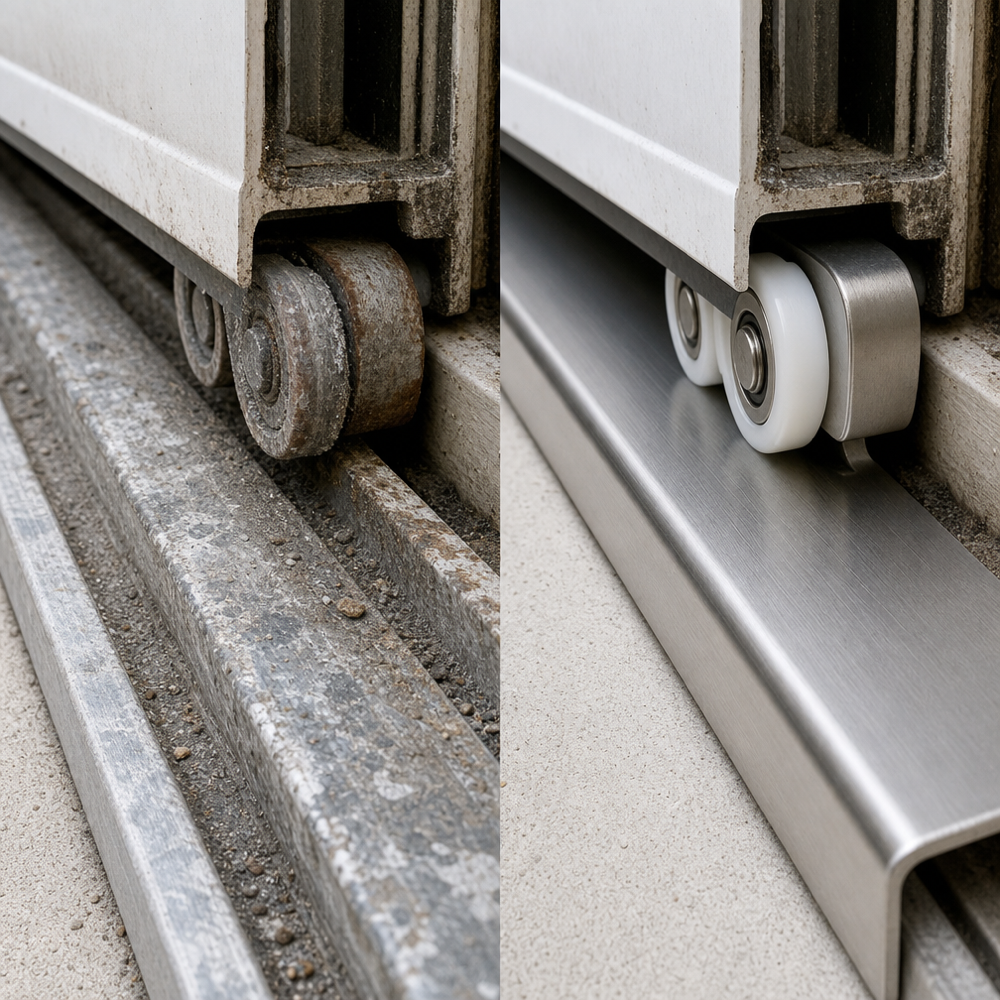 Close-up before-and-after of sliding door track: pitted aluminum with worn roller versus repaired track with stainless cap and new roller