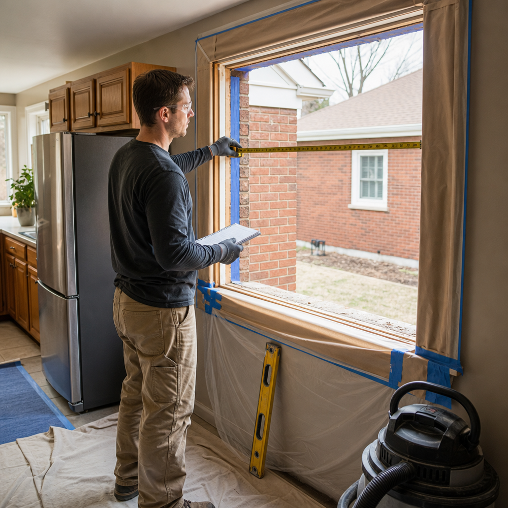 Professional window installer measuring a rough opening for a sliding window replacement in a St. Louis brick bungalow kitchen with floor protection and clean work area
