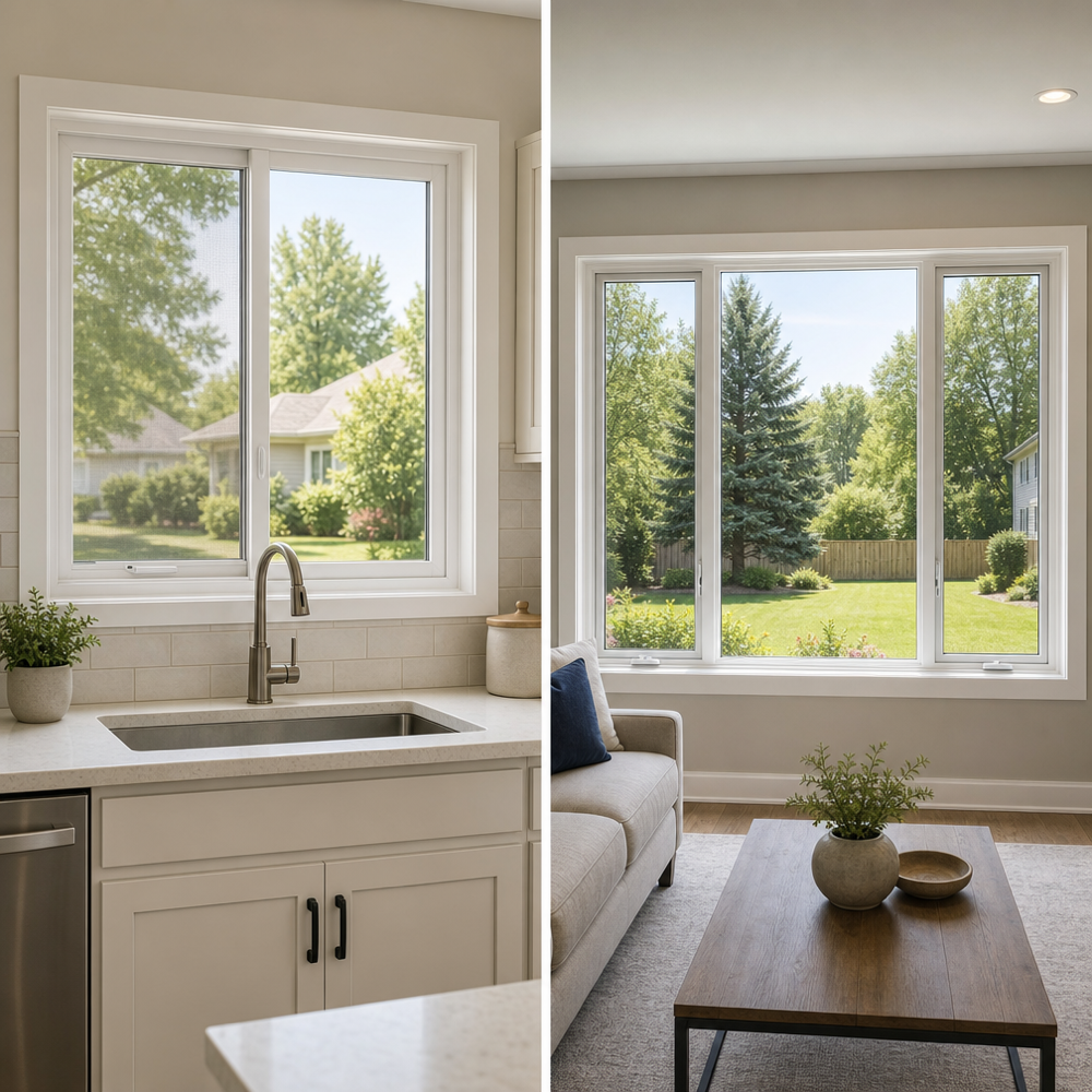 Side-by-side comparison of a 2-lite sliding window over a kitchen sink and a 3-lite sliding window in a living room, both with white vinyl frames