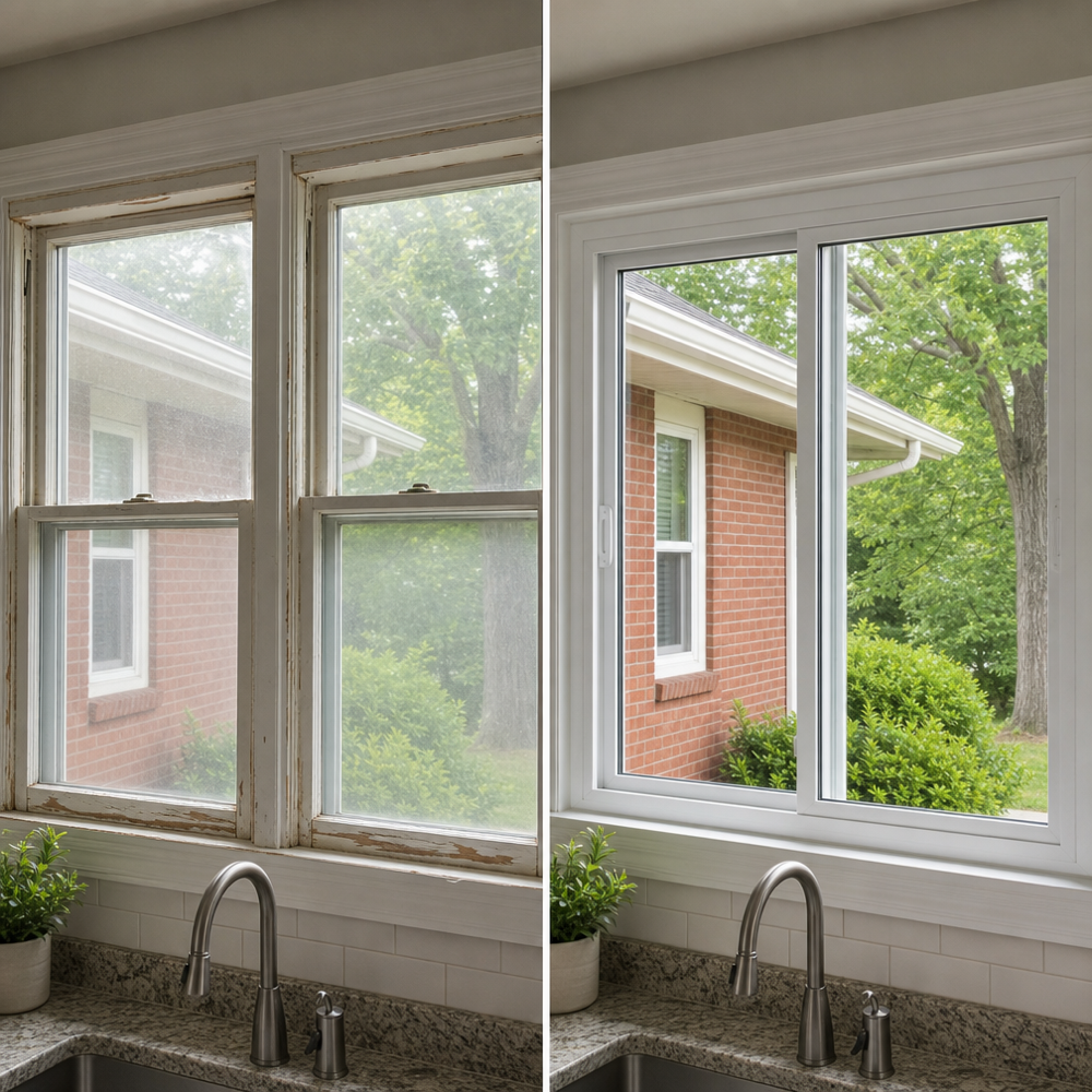 Before-and-after of a Shrewsbury, MO brick bungalow kitchen window: old double-hungs with storms replaced by a custom 2-lite white vinyl slider