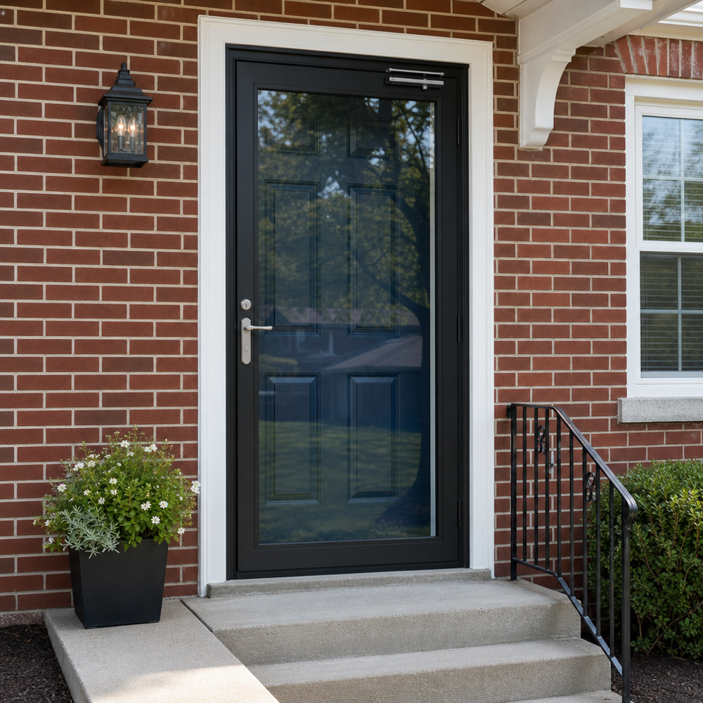 Full-view black aluminum storm door with tempered glass installed on a red-brick St. Louis bungalow entry, showing a satin nickel lever and tight bottom sweep.