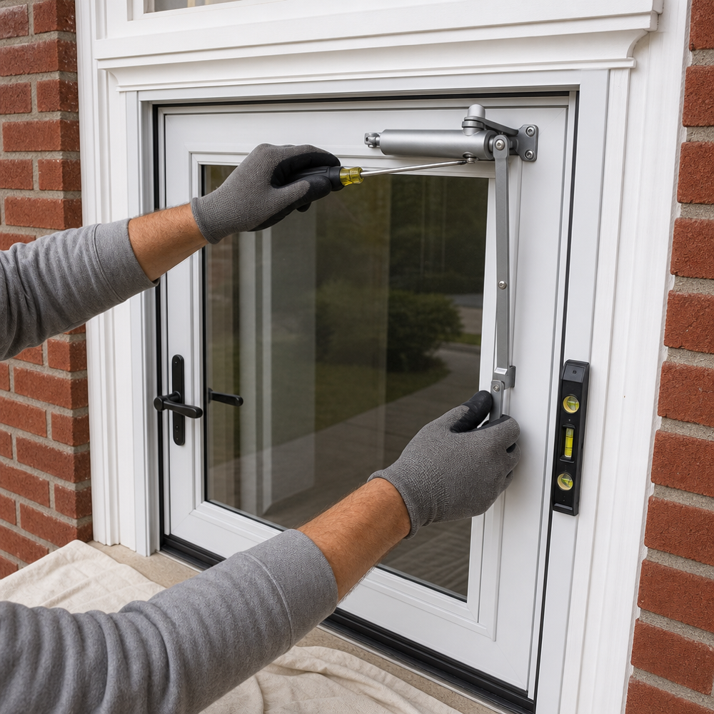 Installer adjusting a storm door hydraulic closer and latch on a white full-view storm door with a magnetic level and screws visible on the frame.