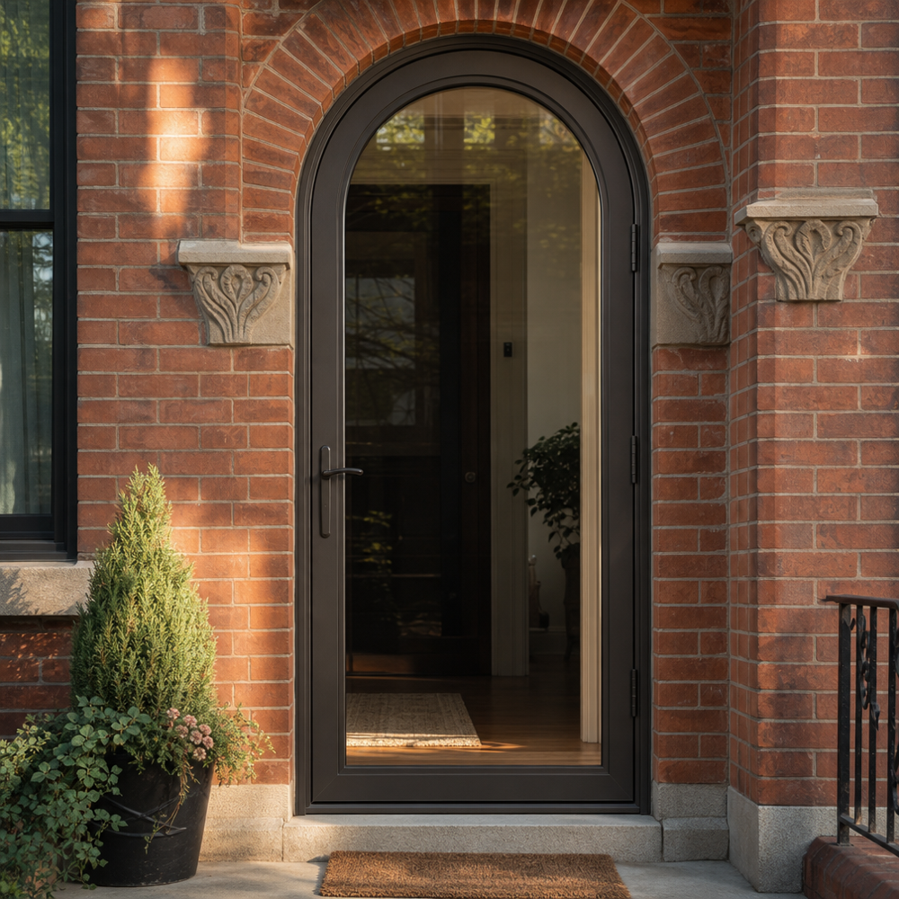 Arched round-top dark bronze storm door with full-view glass fitted to a brick masonry arch on a historic St. Louis home.