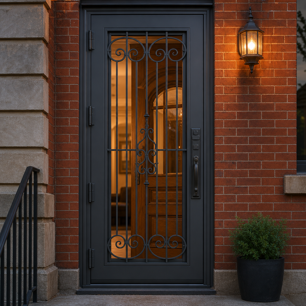 Charcoal gray steel security storm door with decorative grille and multi-point lock on a brick townhouse entry in St. Louis.