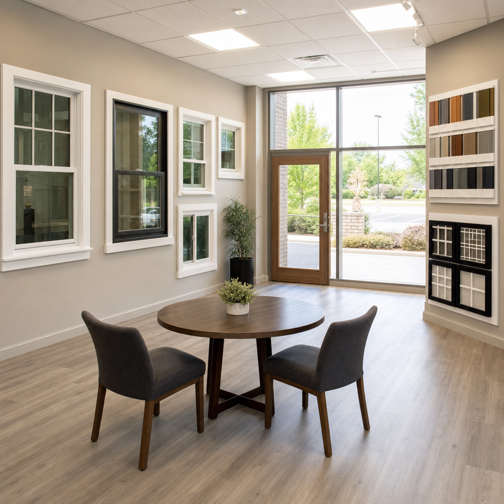 Window and door showroom in Shrewsbury, MO with vinyl window displays, color samples, and a small seating area