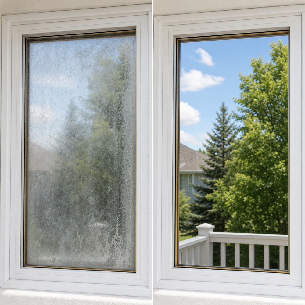 Before-and-after close-up of an insulated glass unit: left side fogged with mineral haze, right side clear after glass replacement.
