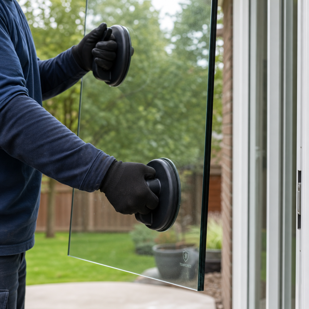 Tempered sliding patio door glass with a small etched safety stamp in the corner, held by an installer using suction cups.
