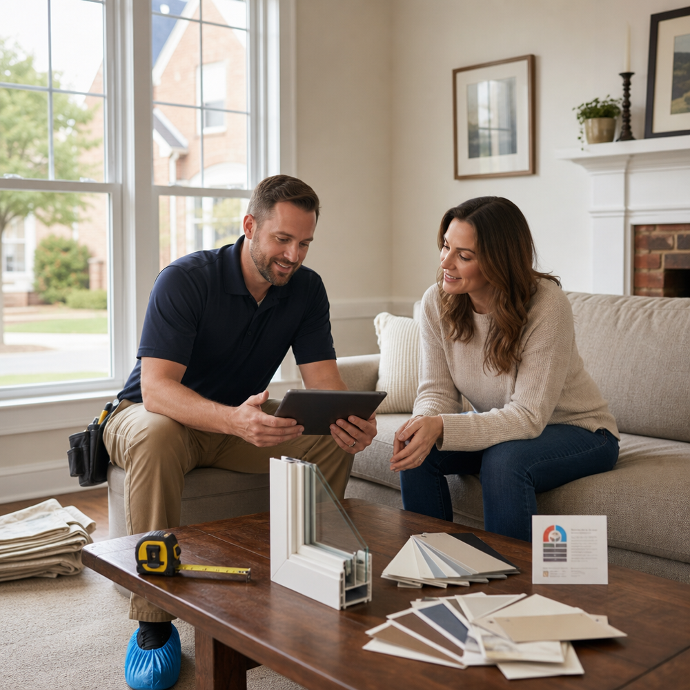 Viviano Window & Door specialist reviewing window options with a St. Louis homeowner during a no‑pressure in‑home consultation by a large double‑hung window.