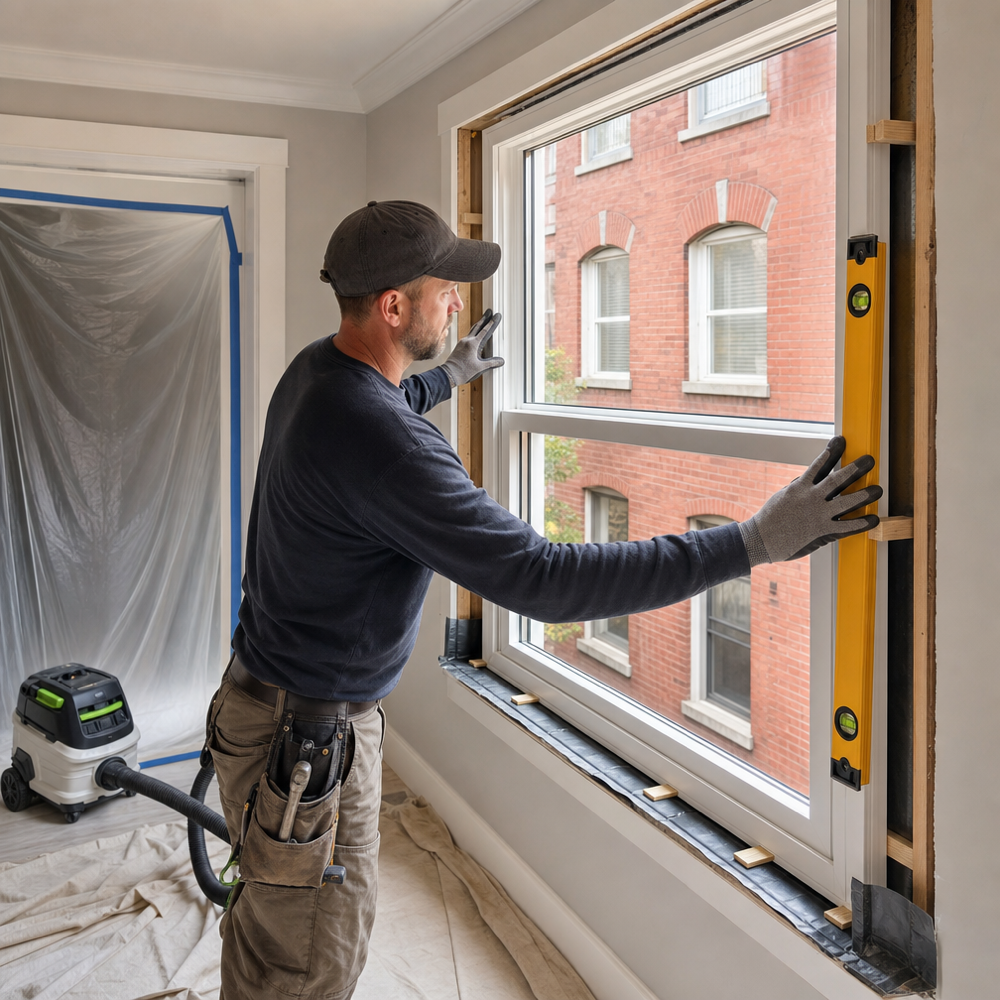 Viviano installer setting a new window into a prepared opening with sill pan flashing, shims, and a level, with drop cloths and a HEPA vacuum for clean installation.