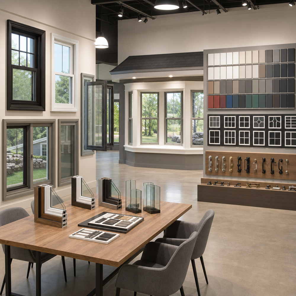Viviano Window & Door showroom in Shrewsbury displaying window styles, color samples, and hardware in a clean, well‑lit space.