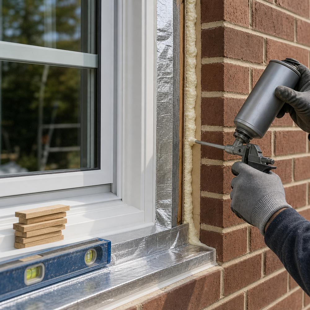 Close-up of a new vinyl replacement window being insulated with low-expansion foam and sealed with flashing tape in a brick opening