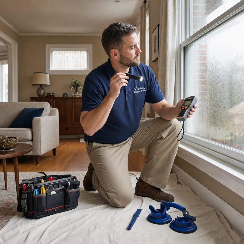 Viviano Window & Door technician inspecting a foggy double-pane window in a St. Louis living room during a repair assessment