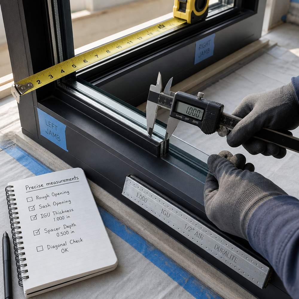 Close-up of technician measuring insulated glass thickness and daylight opening with calipers and tape for an IGU replacement