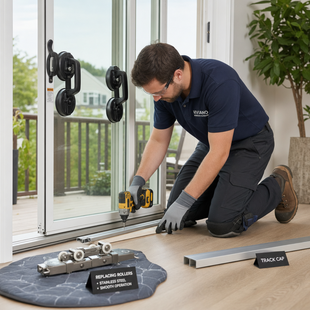 Viviano technician replacing rollers and adjusting the track on a sliding glass patio door at a St. Louis home