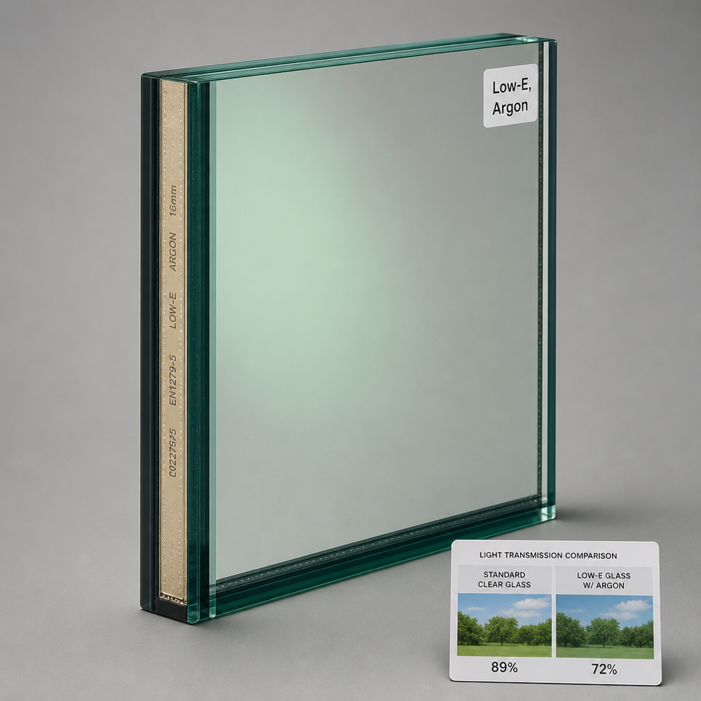Low‑E insulated glass unit close-up showing spacer bar, argon fill label, and subtle reflective coating