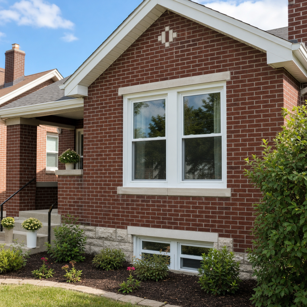 St. Louis brick bungalow with new white double-hung replacement windows installed, showing clean exterior capping and preserved limestone sills