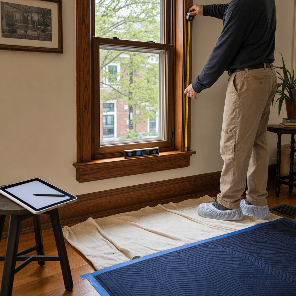 Professional window installer measuring an interior window opening with a tape measure and digital level, floor runners and drop cloths in place