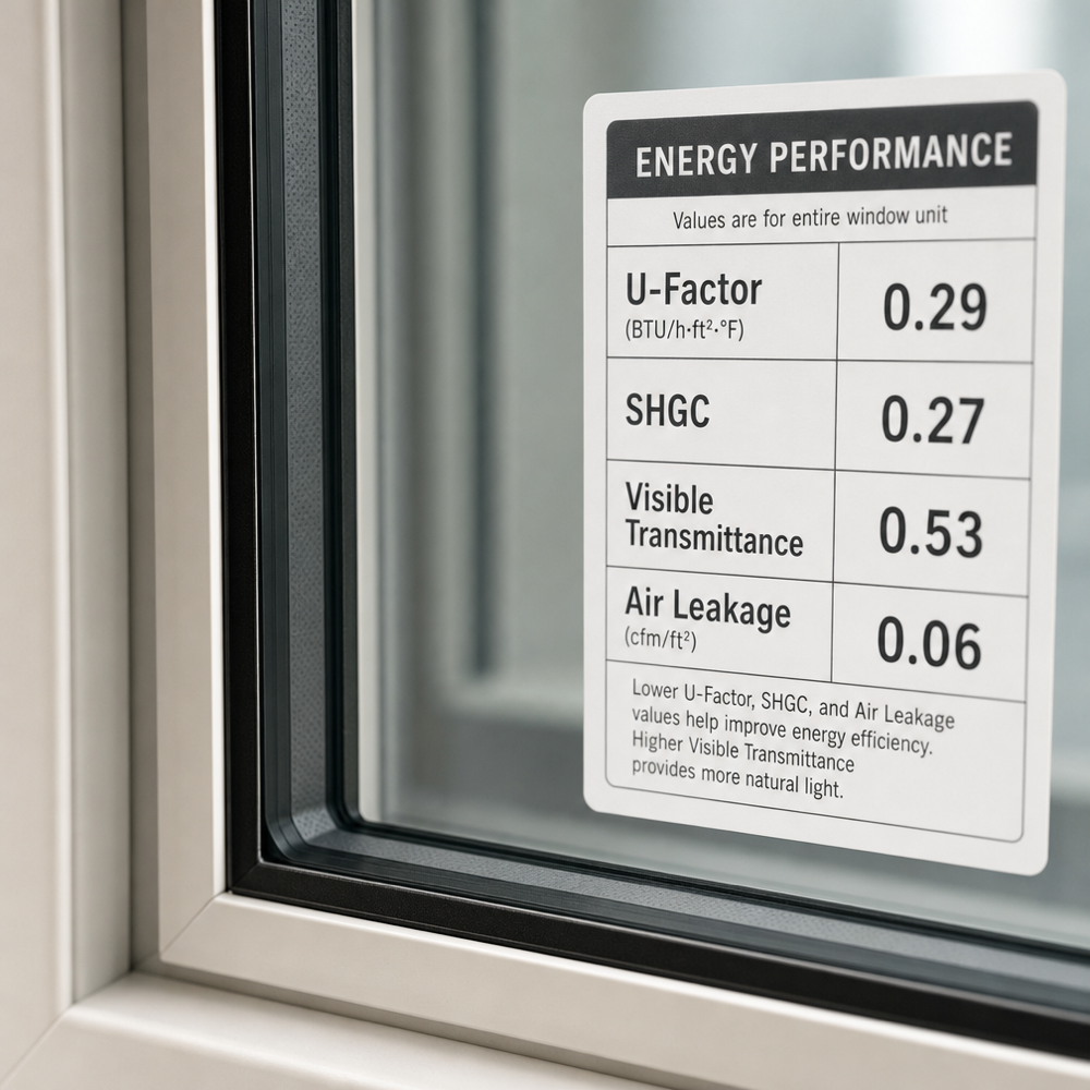 Close-up of Low-E double-pane glass with a dark warm-edge spacer and a generic window energy rating label showing U-Factor, SHGC, VT, and Air Leakage values