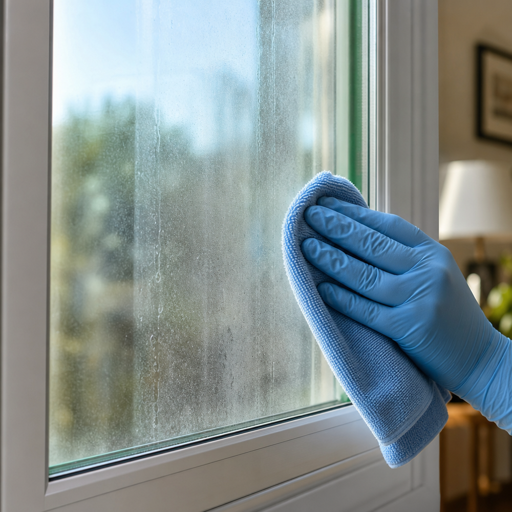 Close-up of a double-pane window with condensation trapped between panes while a hand tries to wipe the interior surface
