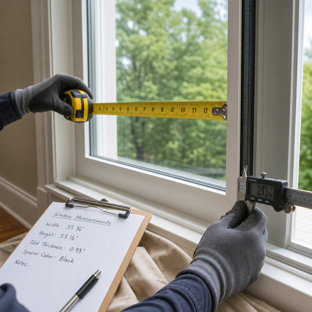 Window technician measuring insulated glass unit thickness and visible glass size before ordering a replacement