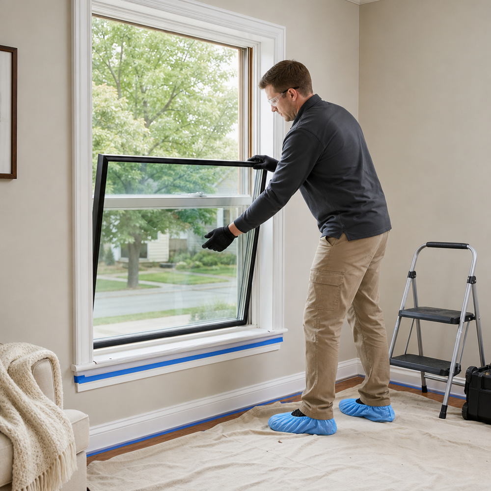Installer sets a new insulated glass unit into a window sash with floors protected by drop cloths and wearing shoe covers