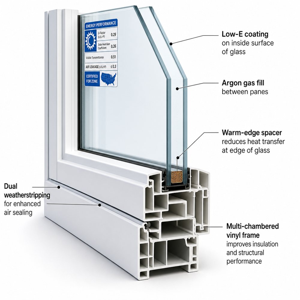 3D cutaway of a double-pane Low‑E argon-filled vinyl window with warm-edge spacer, multi‑chambered frame, and generic NFRC label