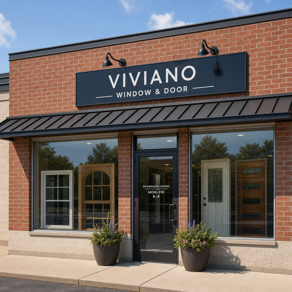 Exterior of the Viviano Window & Door showroom in Shrewsbury, Missouri with large display windows and a welcoming entrance