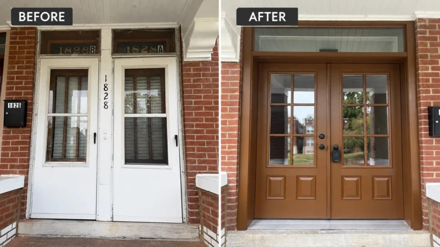 Side-by-side comparison of a house entrance before and after door replacement, showing old white worn double doors on the left and new brown wooden double doors with glass panels on the right.